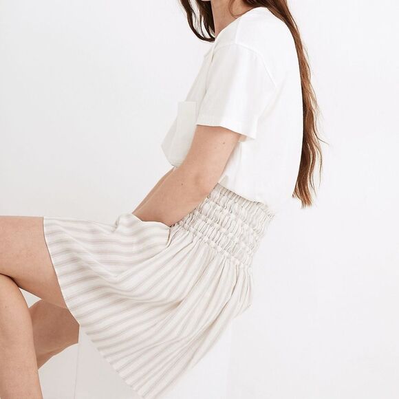 Madewell Smocked Pull-On Mini Skirt‎ in Neutral Stripe NA223 Size Small - Picture 2 of 9